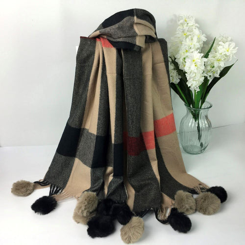 273-PomPom Scarf-Beige/Black