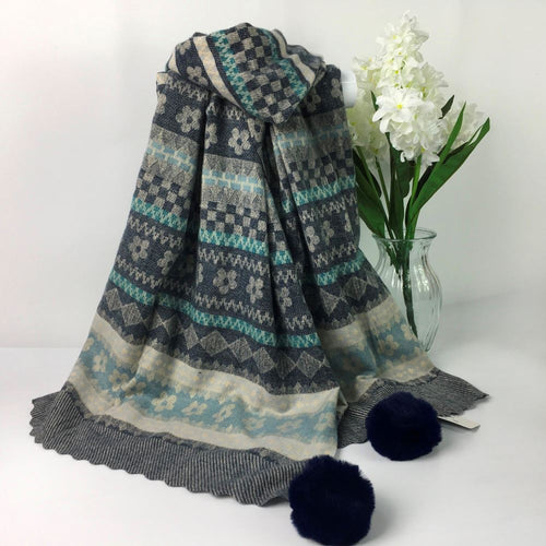 280-Scarf with PomPom-Grey/Aqua