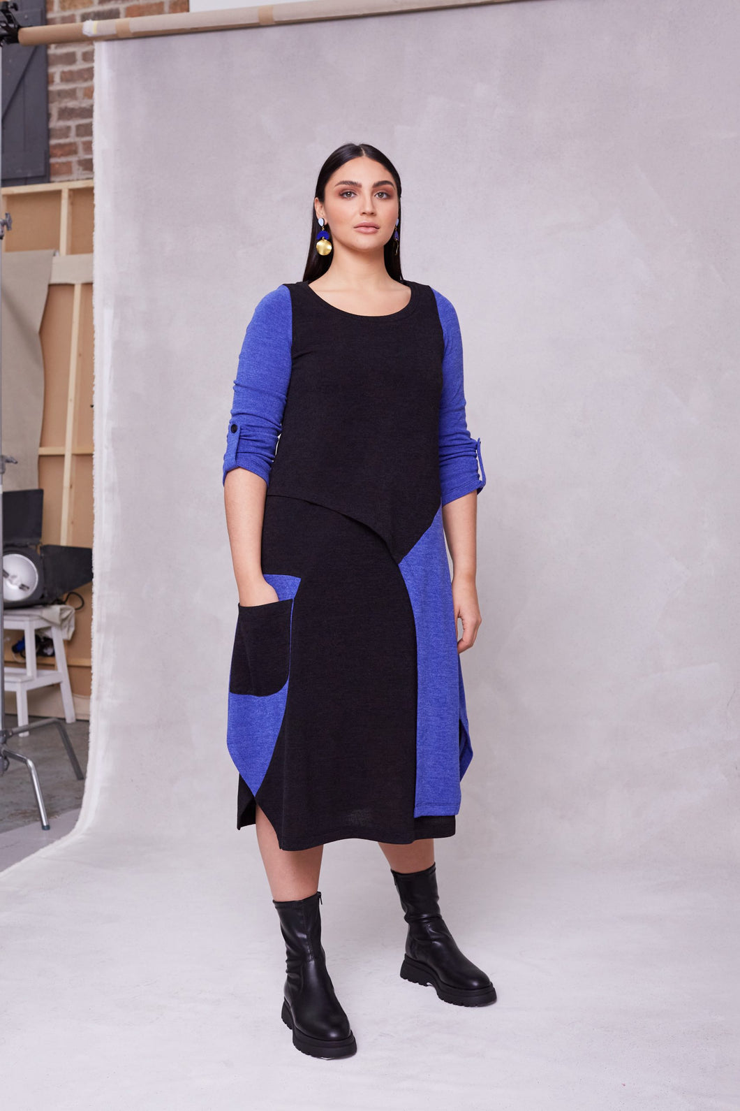 22188-Wool Mix Dress with Colour Panels- Ora