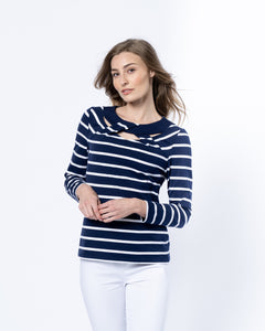 6517-Navy Stripe Print T-Shirt with Twist Neck Detail- Marble