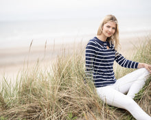 Load image into Gallery viewer, 6517-Navy Stripe Print T-Shirt with Twist Neck Detail- Marble