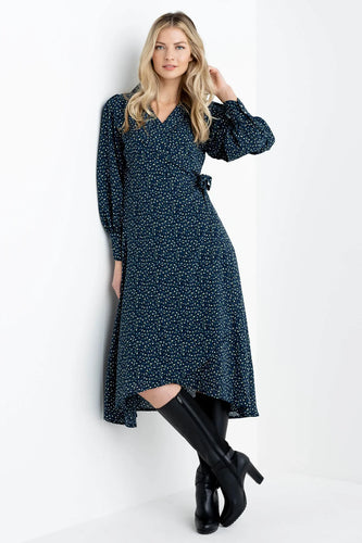 6801- Navy Print Midi Wrap Dress- Marble