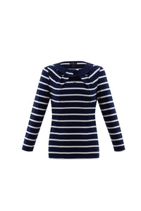 6517-Navy Stripe Print T-Shirt with Twist Neck Detail- Marble