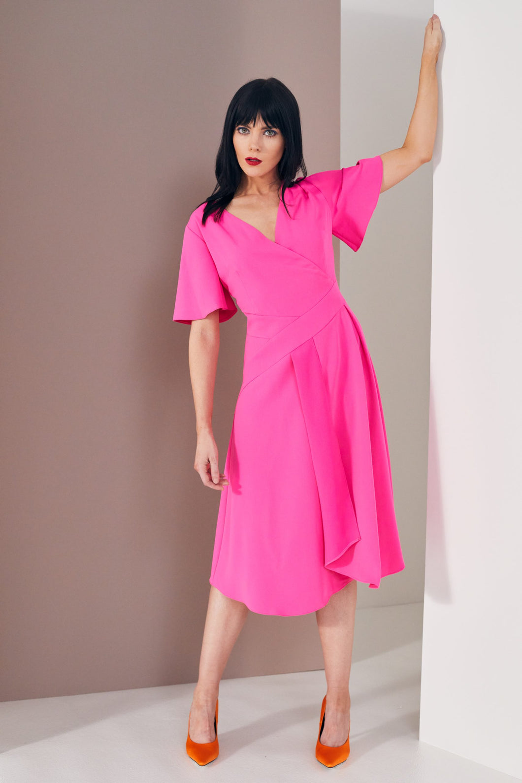 23110- Kate Cooper Mock Wrap Dress w/ Short Sleeve- Hot Pink