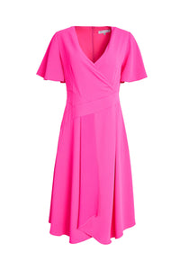 23110- Kate Cooper Mock Wrap Dress w/ Short Sleeve- Hot Pink