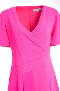23110- Kate Cooper Mock Wrap Dress w/ Short Sleeve- Hot Pink