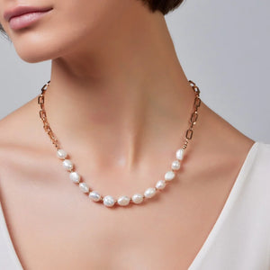 Freshwater Pearl & Paperclip Chain Necklace, Silver- Knight & Day Jewellery