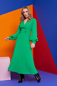 22128 Kate Cooper Puff Sleeve Dress with button detail- Emerald